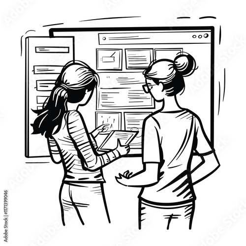 Elegant Illustrator Of Two Corporate Lady Gossiping Line Art Vector