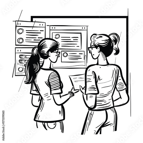 Elegant Illustrator Of Two Corporate Lady Gossiping Line Art Vector