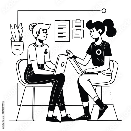 Elegant Illustrator Of Two Corporate Lady Gossiping Line Art Vector