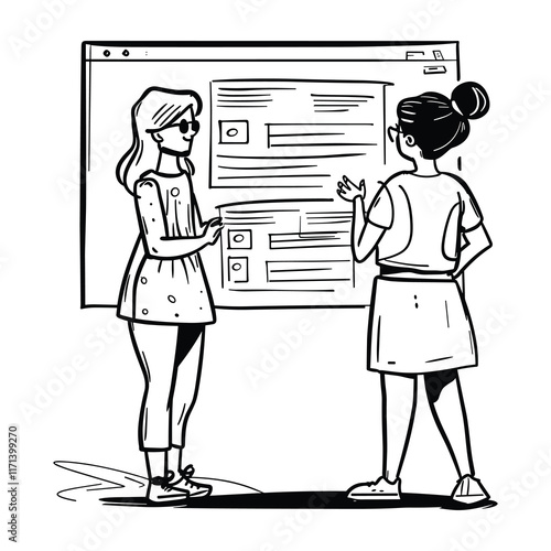 Elegant Illustrator Of Two Corporate Lady Gossiping Line Art Vector