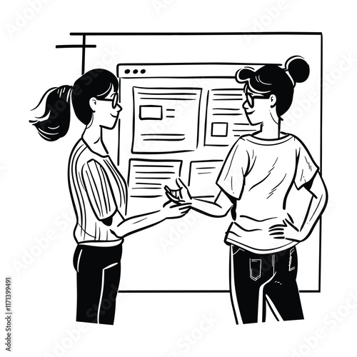 Elegant Illustrator Of Two Corporate Lady Gossiping Line Art Vector