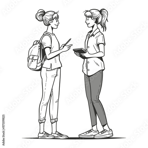 Elegant Illustrator Of Two Corporate Lady Gossiping Line Art Vector