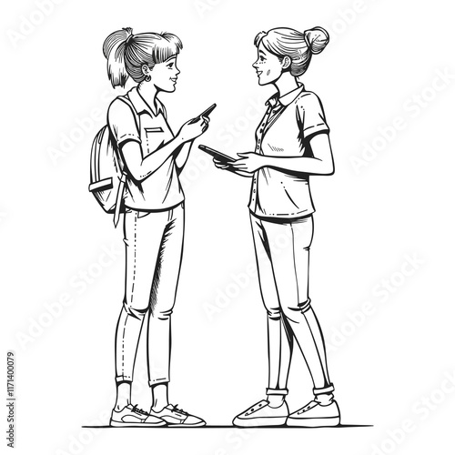 Elegant Illustrator Of Two Corporate Lady Gossiping Line Art Vector