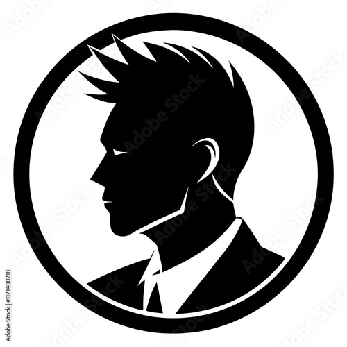 Modern Male Head Silhouette with Bold Spiky Hair and Circular Frame Vector Illustration