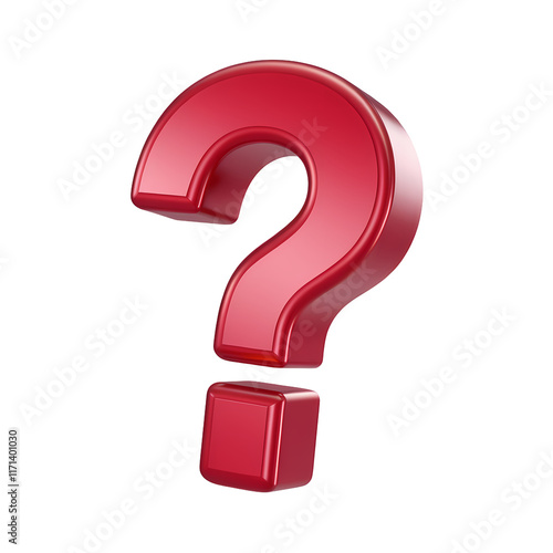 A 3D render of a cartoon-style red question mark. The question mark is floating in the air. The background is transparent.