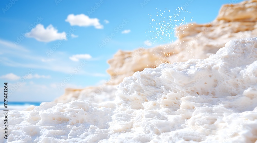 White sea foam accumulating on a sandy beach under a bright blue sky. White sea foam accumulating on a sandy beach under a bright blue sky.