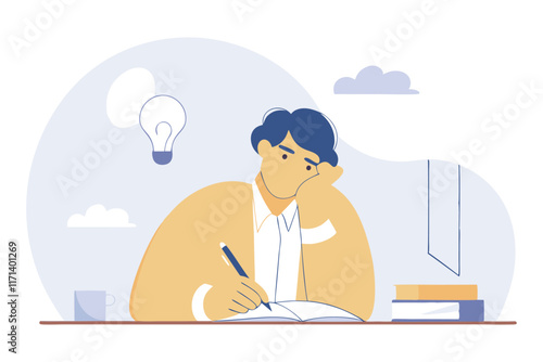 A character jotting down notes in a notebook