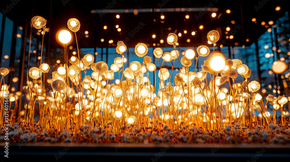 Illuminated glowing orbs on stems, creating a magical field of light at night. Illuminated glowing orbs on stems, creating a magical field of light at night.