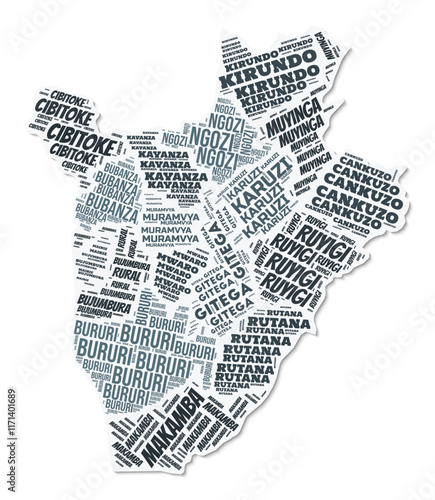 Burundi shape text cloud. Country border with shadow on white background. Burundi with regions division in vintage gazette style. Creative vector illustration.