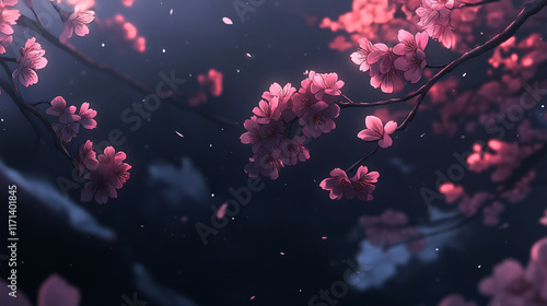 Cherry Blossom Branches Against Dark Sky at Night, Judas Tree Cercis Siliqua strum With Flowers