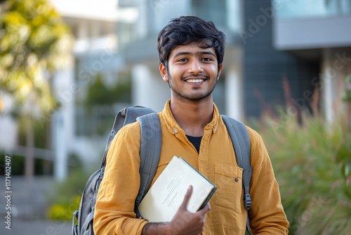 Cheerful Indian university student standing outside, holding a bag and book, looking excited about their upcoming study abroad journey, with enthusiasm and hope.


