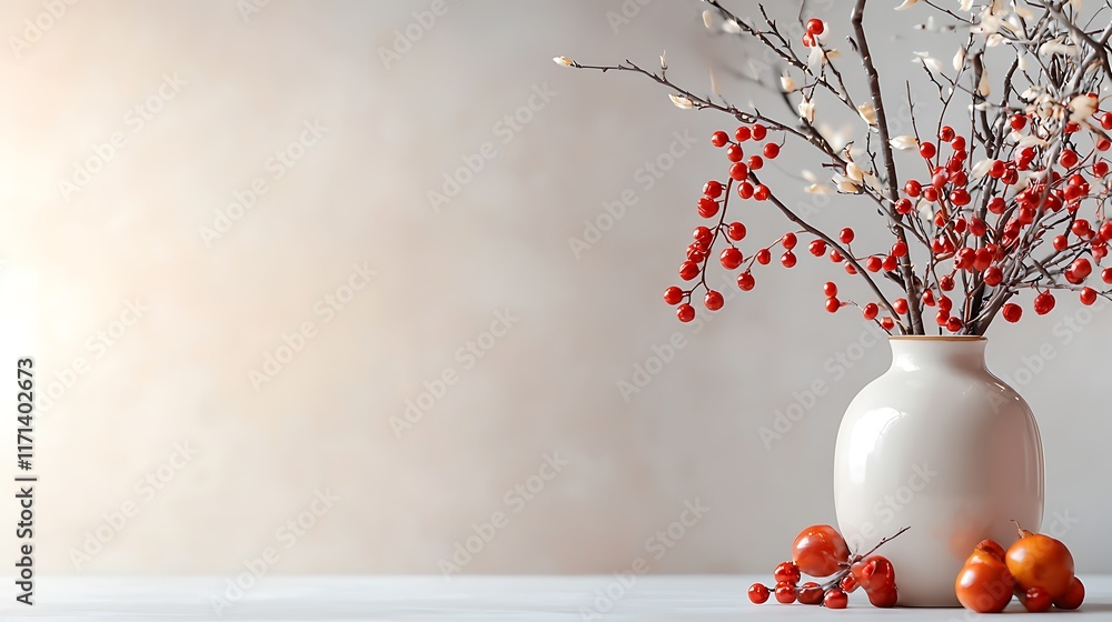 Elegant Porcelain Vase Filled with Vibrant Red Autumn Berries Cozy and Inviting Seasonal Home Decor Still Life Elegant Porcelain Vase Filled with Vibrant Red Autumn Berries Cozy and Inviting Seasonal Home Decor Still Life