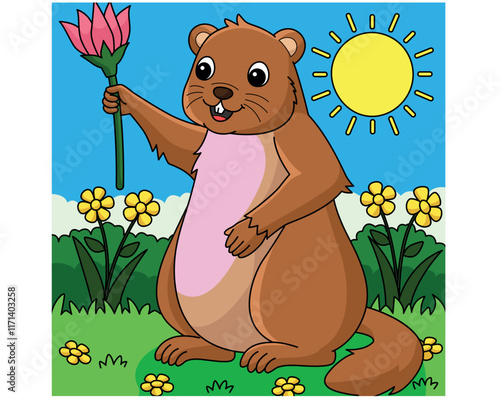 Groundhog Holding Flower Colored vector illustration