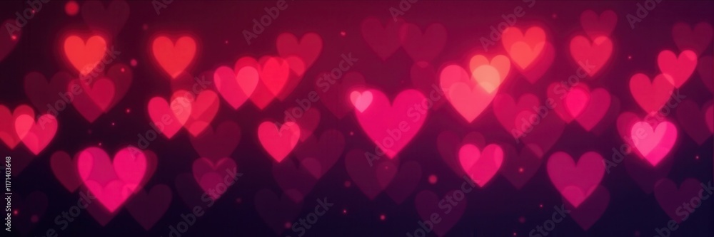 Multiple glowing pink and red heart shaped bokeh lights on a dark background, perfect for Valentines Day or romantic themes Multiple glowing pink and red heart shaped bokeh lights on a dark background, perfect for Valentines Day or romantic themes