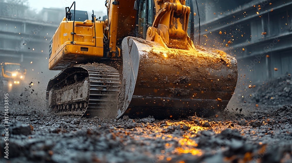 Powerful Excavator at Work: Construction Site Action Powerful Excavator at Work: Construction Site Action