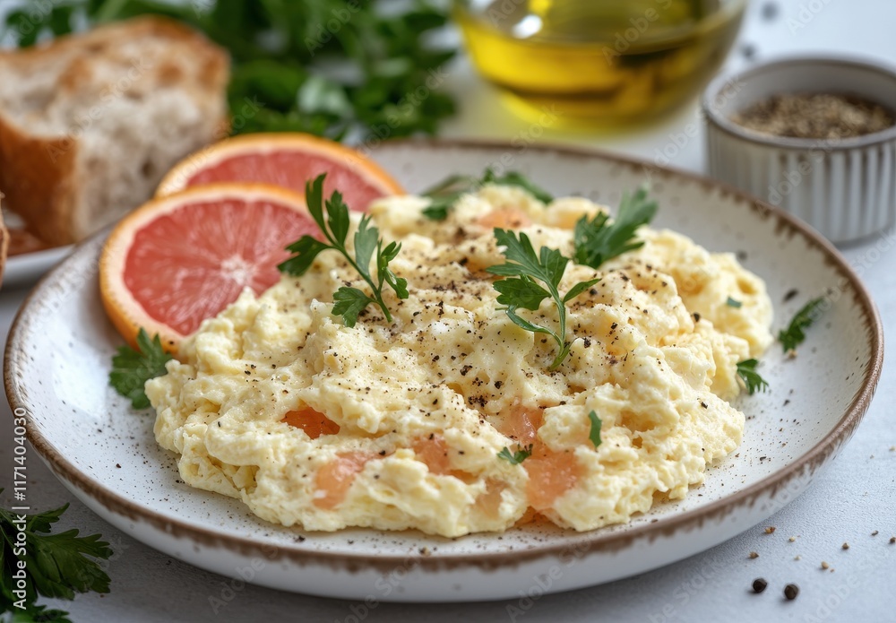 Delicious Scrambled Eggs Garnished with Fresh Herbs and Citrus Slices Served on a Rustic Plate for a Breakfast or Brunch Setting with Natural Ingredients Delicious Scrambled Eggs Garnished with Fresh Herbs and Citrus Slices Served on a Rustic Plate for a Breakfast or Brunch Setting with Natural Ingredients
