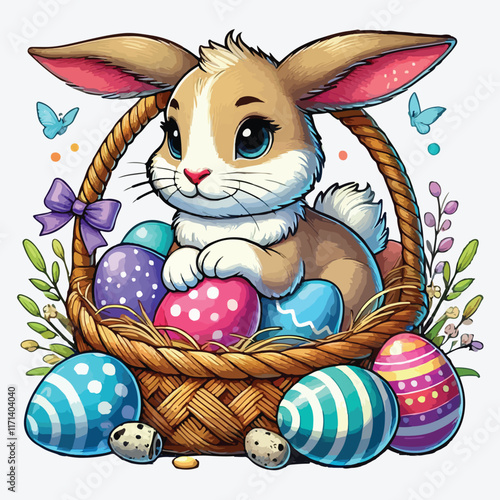 Bunny sitting in a basket of Easter eggs. stock illustration