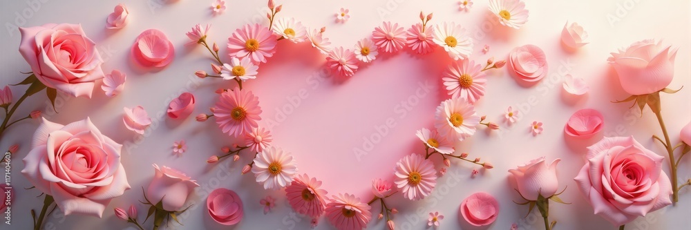 Elegant pink roses and daisy flowers arranged gracefully around a heart shaped space, ideal for Valentine's or romance related designs Elegant pink roses and daisy flowers arranged gracefully around a heart shaped space, ideal for Valentine's or romance related designs