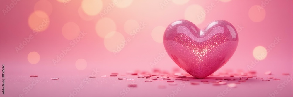 Fototapeta premium Shiny pink heart with glitter and heart shaped confetti laying on soft pink background with bokeh lights, representing love and romance