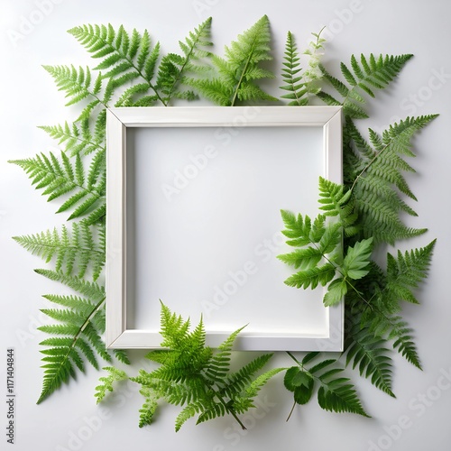 Minimalistic White Square Frame with Green Foliage and Ferns on White Background photo