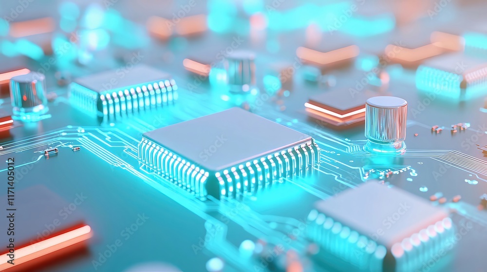 Close-up of illuminated circuit board with processors. Close-up of illuminated circuit board with processors.