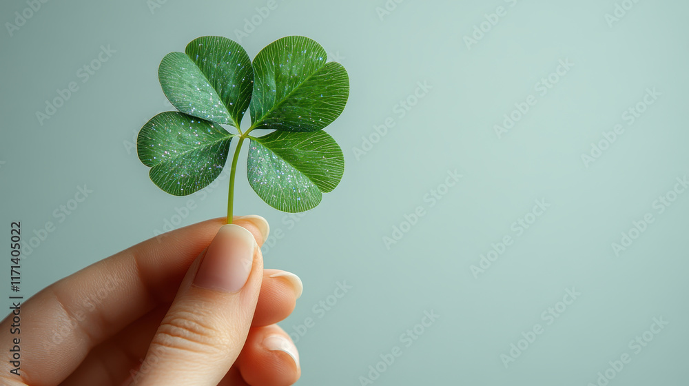 hand holding bright green four leaf clover symbolizes luck and hope. vibrant leaves glisten under soft light, creating serene and uplifting atmosphere hand holding bright green four leaf clover symbolizes luck and hope. vibrant leaves glisten under soft light, creating serene and uplifting atmosphere