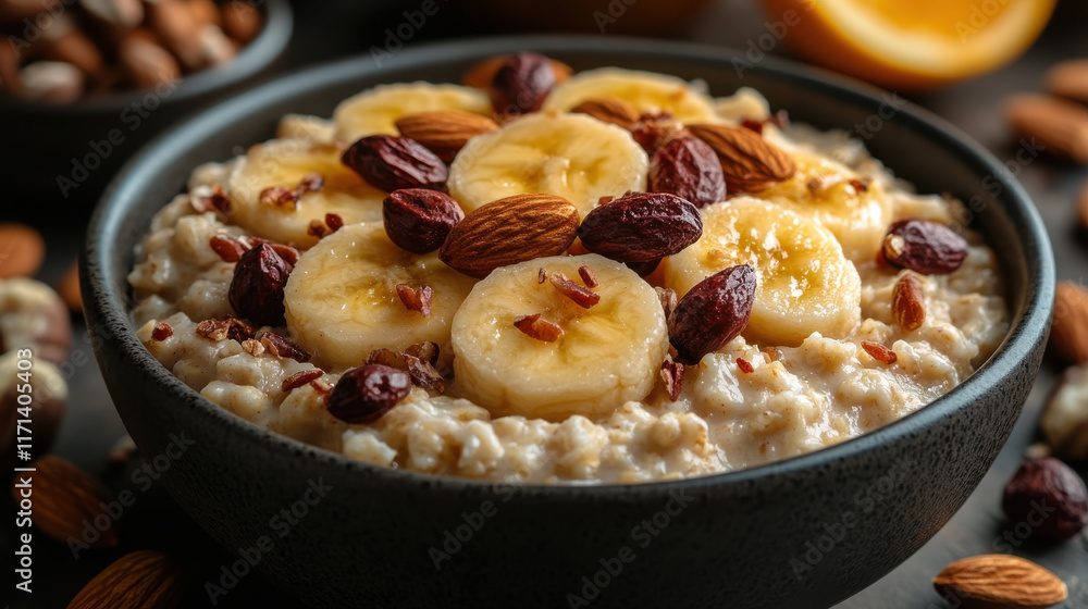 healthy breakfast bowl featuring oatmeal topped with fresh bananas, nuts, and dried fruits. This nutritious meal is perfect for starting day with energy and flavor healthy breakfast bowl featuring oatmeal topped with fresh bananas, nuts, and dried fruits. This nutritious meal is perfect for starting day with energy and flavor
