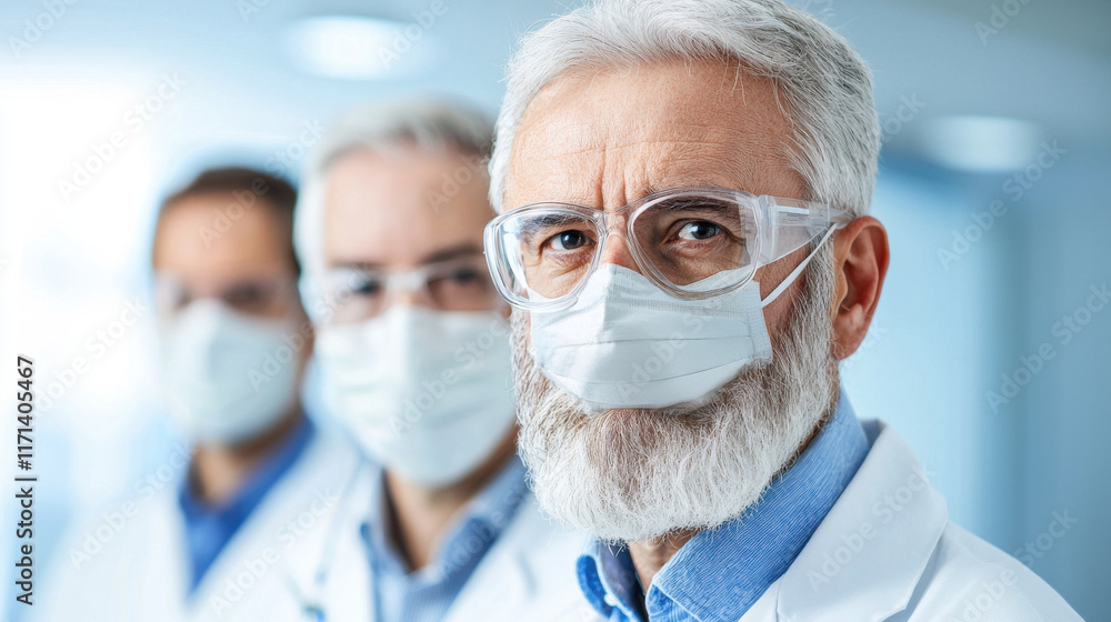 Research Lab concept. Senior scientists wearing protective masks and glasses in laboratory setting Research Lab concept. Senior scientists wearing protective masks and glasses in laboratory setting