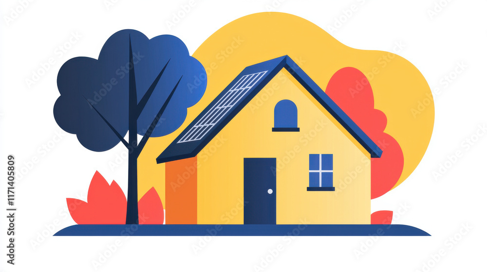 Fototapeta premium Research Lab concept. Modern house with solar panels surrounded by trees and vibrant foliage