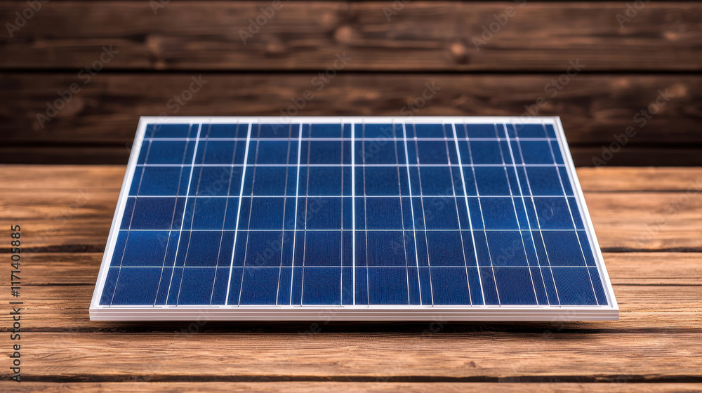 Research Lab concept. Solar panel on wooden surface showcasing renewable energy technology