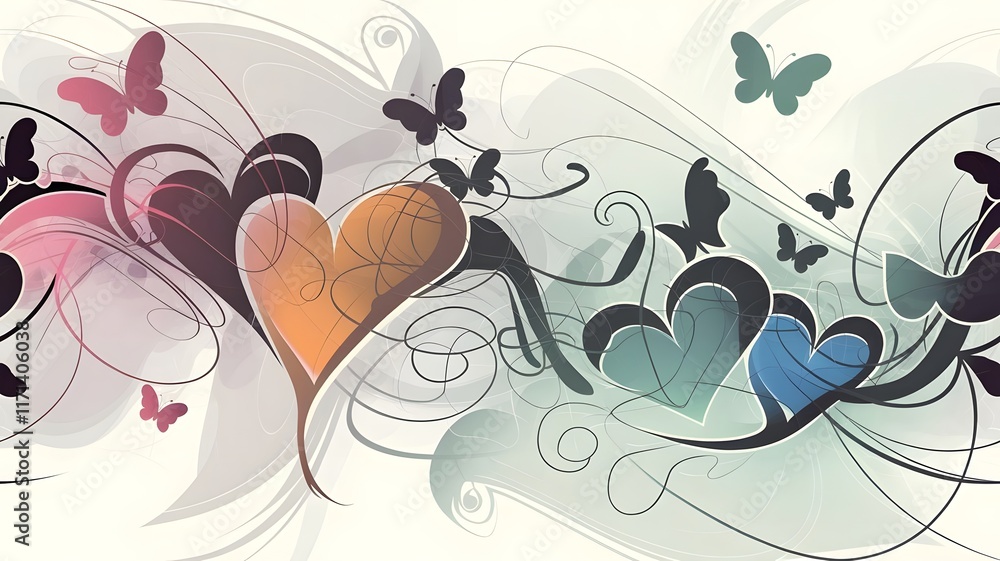 Dynamic pattern with abstract heart shapes transforming into butterflies, blended with swirling lines and soft pastel gradients on a light cream background, symbolizing love and transformation. Dynamic pattern with abstract heart shapes transforming into butterflies, blended with swirling lines and soft pastel gradients on a light cream background, symbolizing love and transformation.