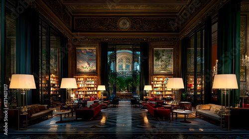 Luxurious library with large windows, ornate ceiling, and comfortable seating.