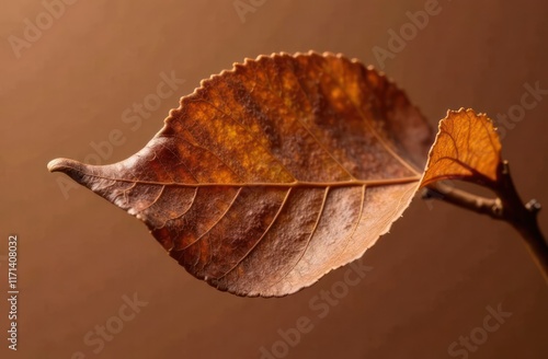 close up of dry brown leaf with intricate veins on warm brown background. autumn season nature concept. seasonal design, plants, ecology, botany, environmental campaign photo