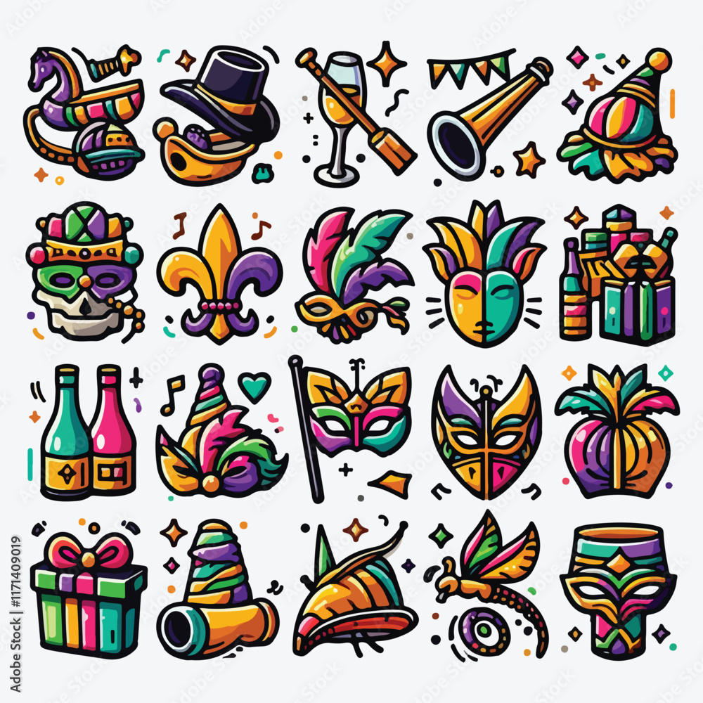 Fototapeta premium Bundle of eleven mardi gras carnival celebration set icons stock illustration
