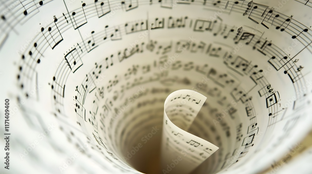 Vertical Spiral of Musical Scores Forming Funnel Shape