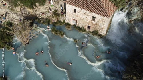 Daytime Drone View of Cascate del Mulino’s Geothermal Pools