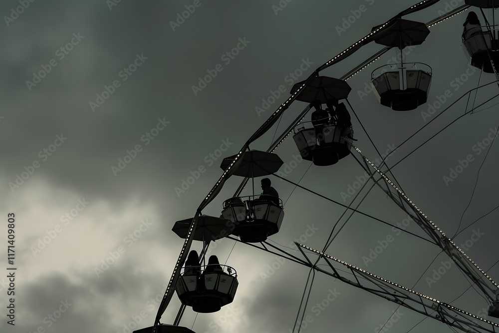 Naklejka premium Silhouetted Ferris Wheel on Moody Cloudy Evening Sky