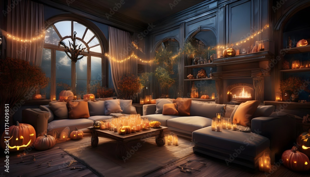 Obraz premium Cozy Halloween Living Room Pumpkins Candles Fireplace