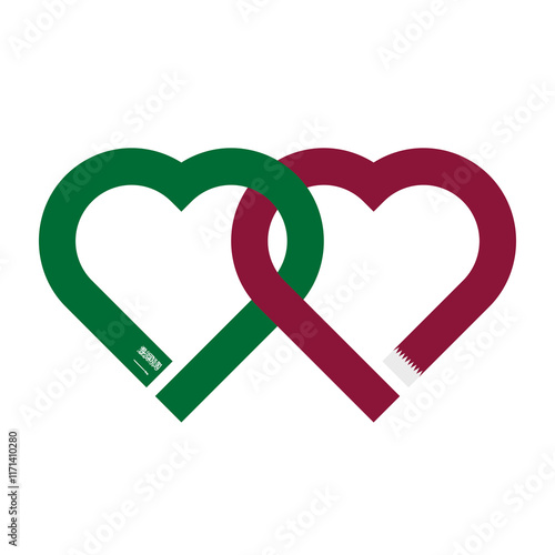 heart shaped ribbon of saudi arabia and qatar flags intertwined. vector illustration isolated on white background