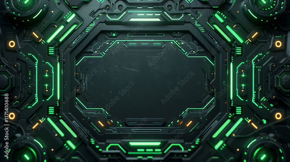 Fototapeta premium Futuristic Tech Panel with Green Neon Lights 