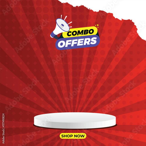 Combo Offer Social Media post with podium, Combo offer banner,
Special Offer and Promotional Post social media, Red color template, Empty podium with combo offer.
