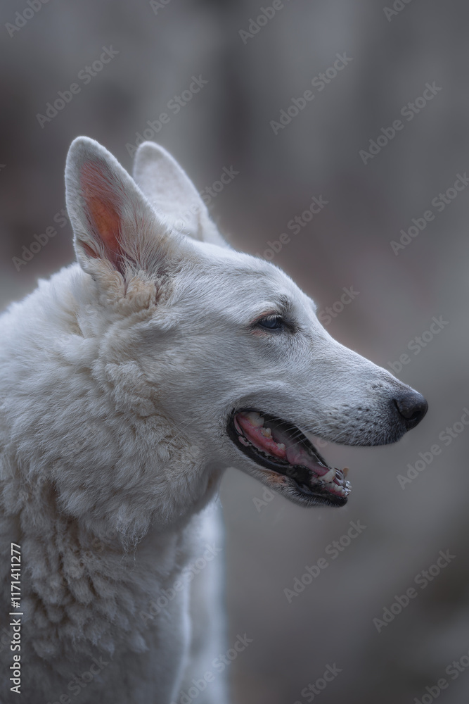 Obraz premium Beautiful and calm fluffy Swiss shepherd dog portrait outside in the magical snowy forest.