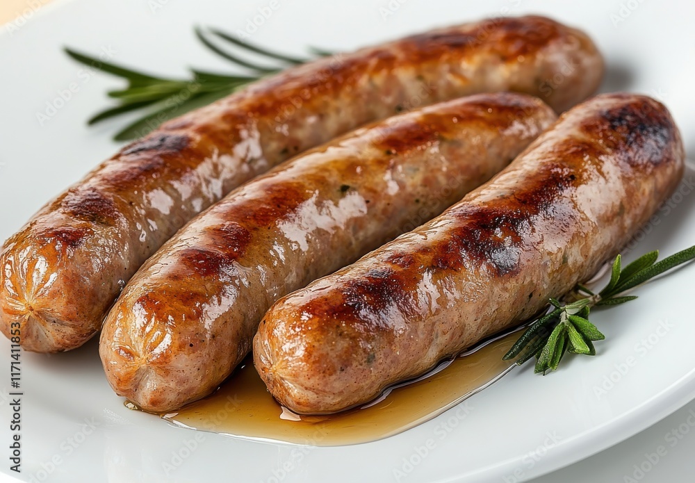Deliciously Grilled Sausages on a White Plate with Fresh Herbs, Perfect for Barbecues and Family Gatherings, Ideal for Food Photography and Culinary Inspiration Deliciously Grilled Sausages on a White Plate with Fresh Herbs, Perfect for Barbecues and Family Gatherings, Ideal for Food Photography and Culinary Inspiration