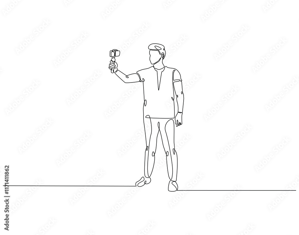 Continuous line drawing of man selfie use smartphone. Single line illustration of man take a selfie. Traveler, lifestyle concept. Editable outline Continuous line drawing of man selfie use smartphone. Single line illustration of man take a selfie. Traveler, lifestyle concept. Editable outline