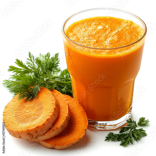 Fresh Carrot Juice with Slices and Leaves photo