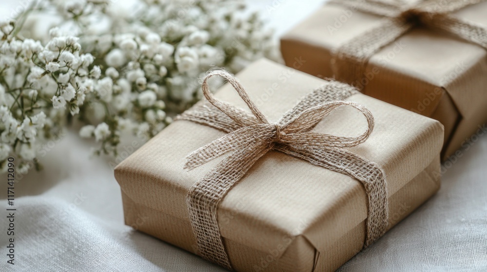 Beautifully Wrapped Brown Gift Boxes with Rustic Twine and Delicate White Flowers, Perfect for Celebrations, Holidays, and Special Occasions on a Soft Fabric Background Beautifully Wrapped Brown Gift Boxes with Rustic Twine and Delicate White Flowers, Perfect for Celebrations, Holidays, and Special Occasions on a Soft Fabric Background