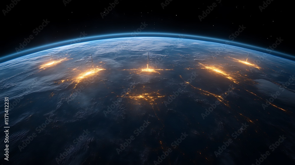 Fototapeta premium Earth at night, city lights glowing.