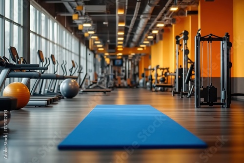 A modern gym with an empty blue yoga mat in the center, surrounded by a line of machines and exercise balls.  photo