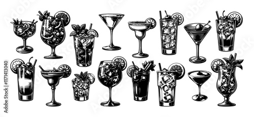 Vintage Engraved Drawing Alcohol Cocktails Vector Set, Mai Tai, Mojito, Spritz, Martini, Margarita.
Hand-sketched Glass, Popular Drinks Isolated Elements. Detailed Art, Generative AI