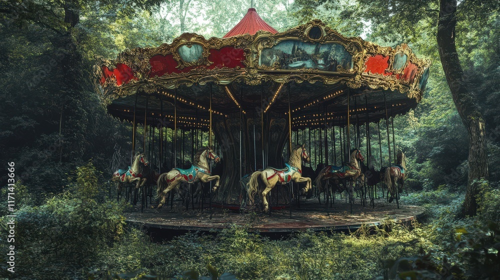 Obraz premium Abandoned Carousel Overgrown In A Lush Forest